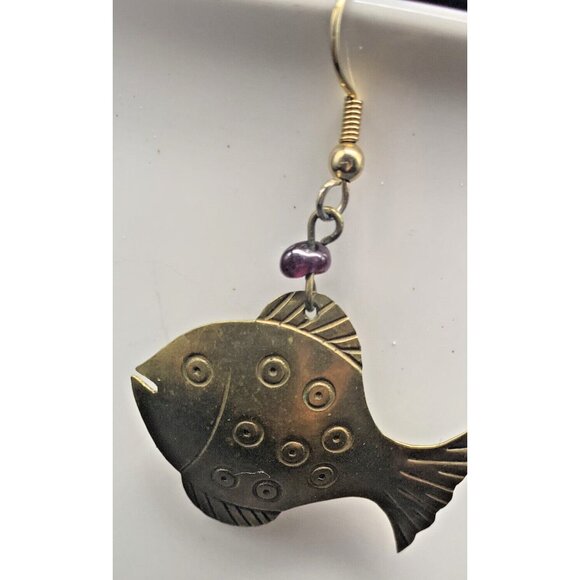 Vintage Dangle Brass & Amethyst Stone Handmade Fish Dangle Pierced Earrings - Picture 2 of 5